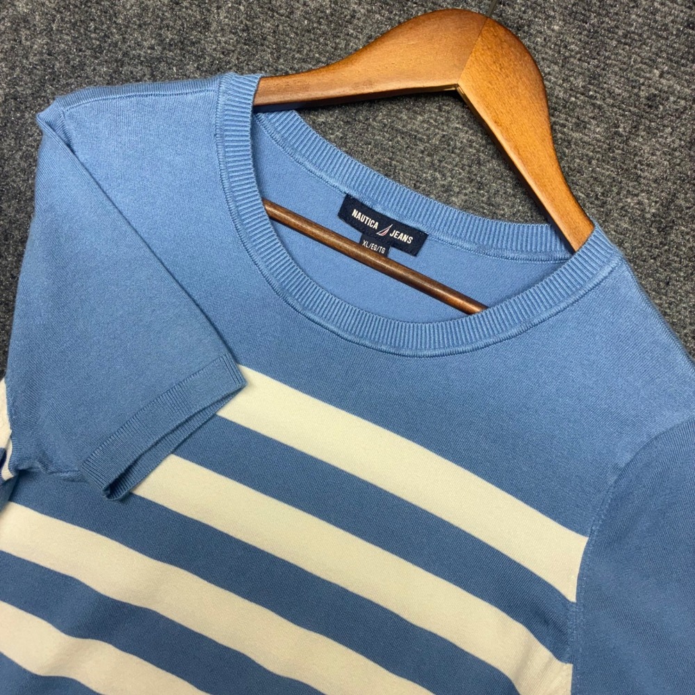 Nautica Coastal Knit Sweater Womens XL Blue White Striped Short Sleeve Soft